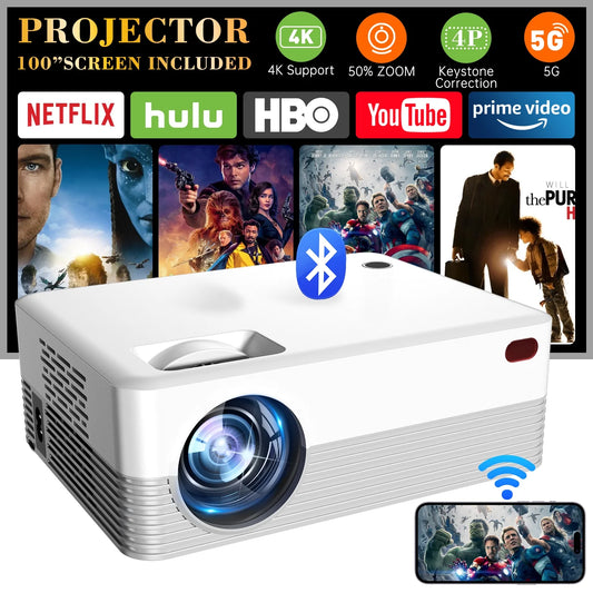 4K projector with Netflix, Hulu, HBO, YouTube, and Prime Video apps, featuring 50% zoom, 4-point keystone correction, and includes a 100-inch screen.