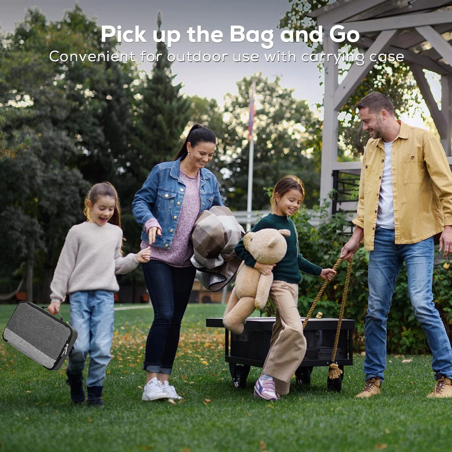 Family carrying the Portable  projector in its convenient carrying case with the text 'Pick up the bag and go' and 'Convenient for outdoor use with carrying case.