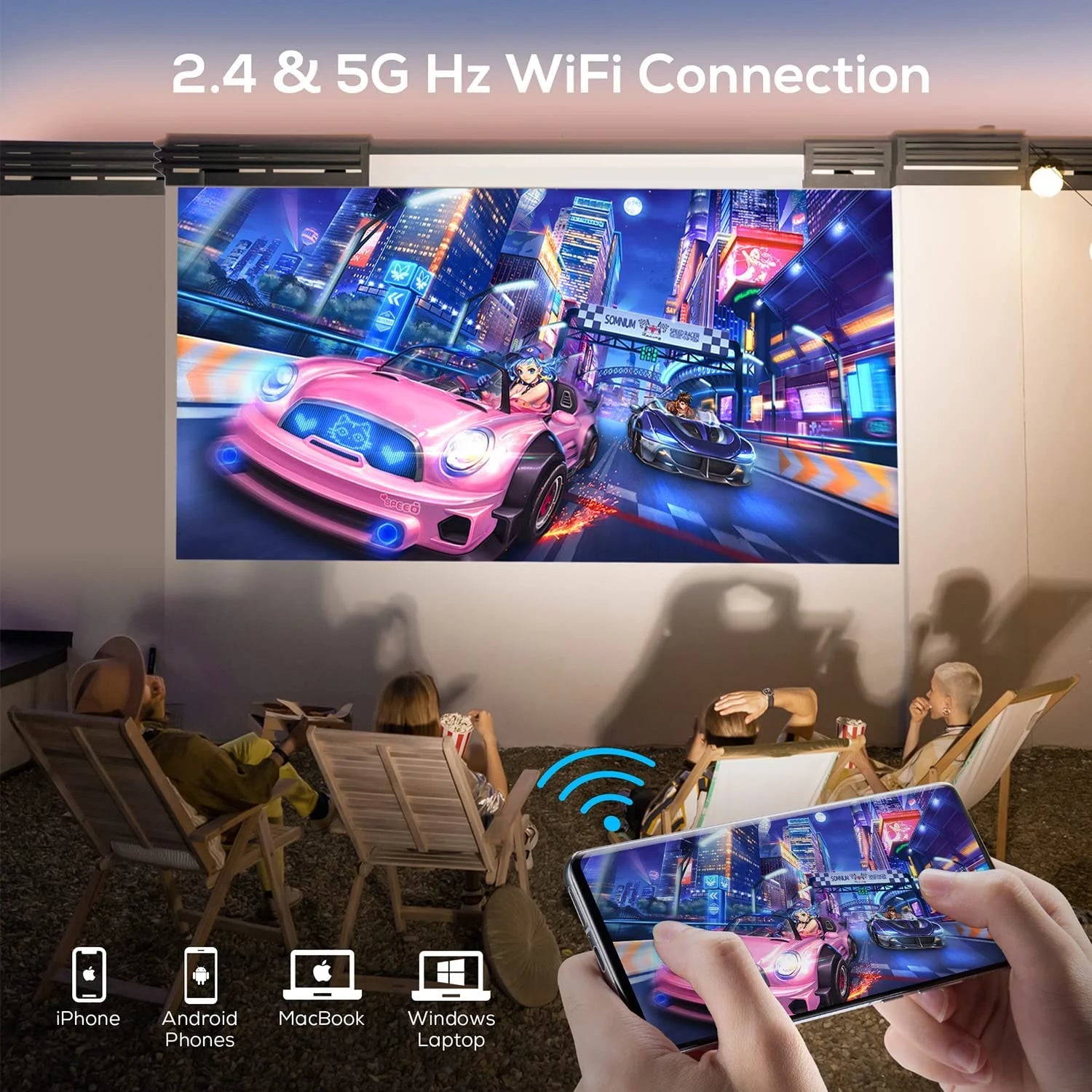 StreamPro Wi-Fi Projector connected via 2.4 & 5GHz WiFi to a phone, with content projected onto a screen. Compatible with iPhone, Android phones, MacBook, and Windows laptops. Four people watching the projected content.