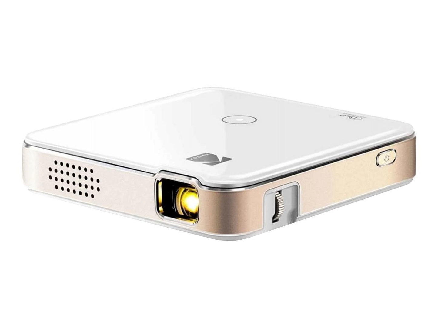 UltraMini HD  projector on a white background, shown from a side angle, highlighting its compact and sleek design.