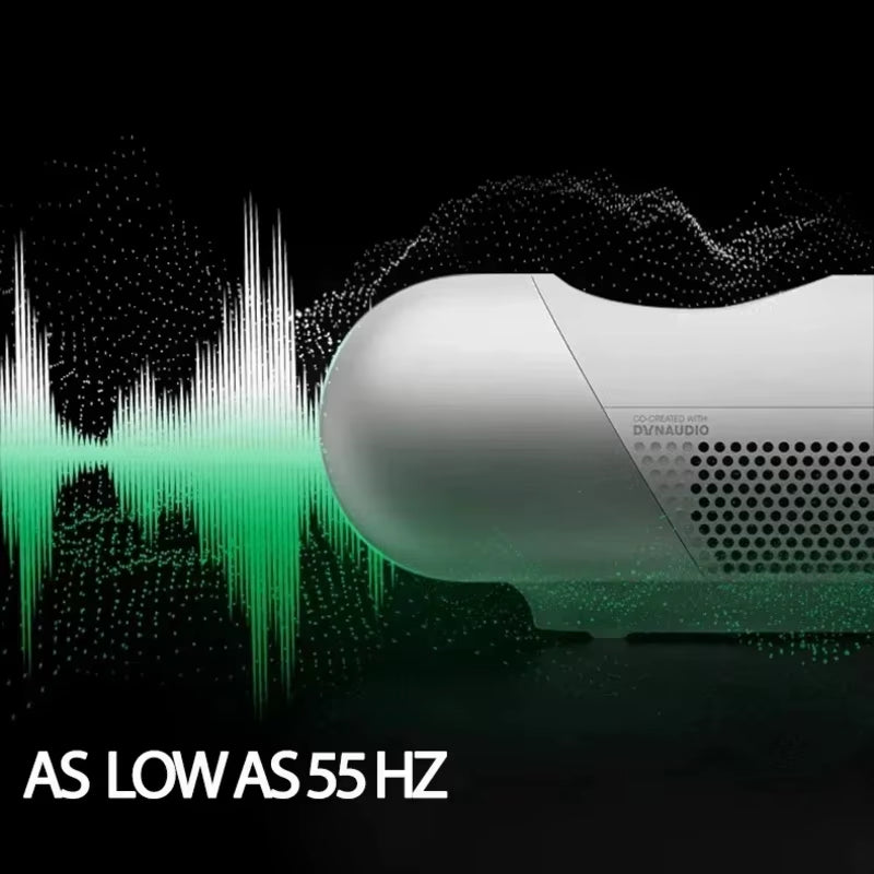 JMGO O1S Ultra Short Focus Projector with visual representation of green soundwaves, highlighting its ability to produce sound frequencies as low as 55Hz.