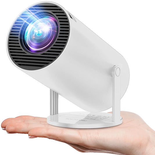 Compact and sleek Portable Full HD Mini Projector with WiFi & Bluetooth, shown fitting easily in hand, highlighting its portability and space-saving design for home and outdoor use.