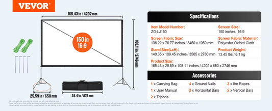 150-inch projector screen with carrying bag, sturdy tripod legs, user manual, ground nails, and additional accessories for easy setup and portability.